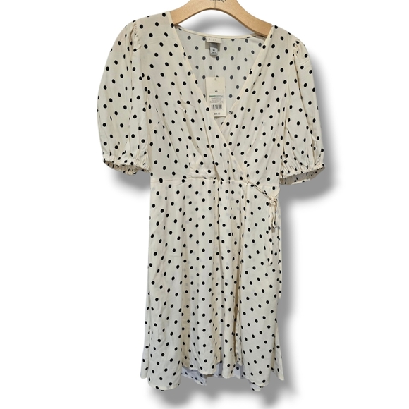 A New Day Women’s Cream Polka Dot Wrap Dress XS Balloon Sleeve Rayon New - Picture 1 of 9